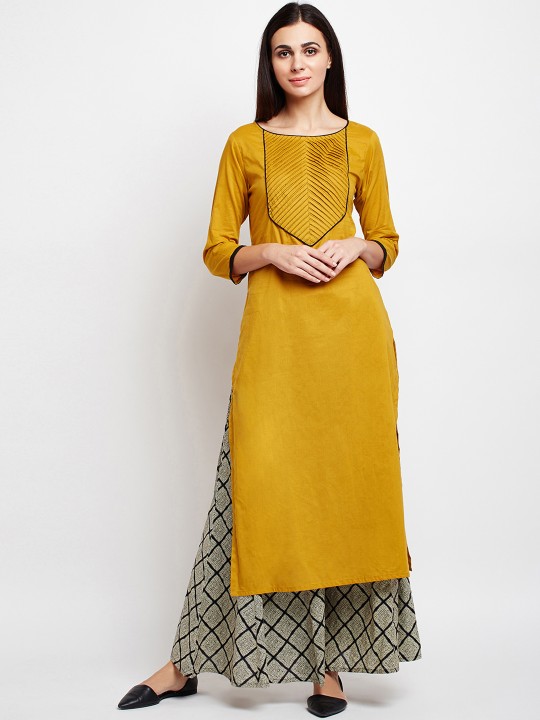Women Mustard & Black Solid Kurta with Palazzos XS