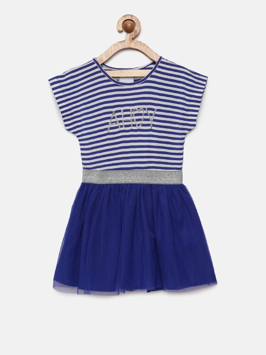 Girls Navy Blue Striped Fit and Flare Dress 3-4Y