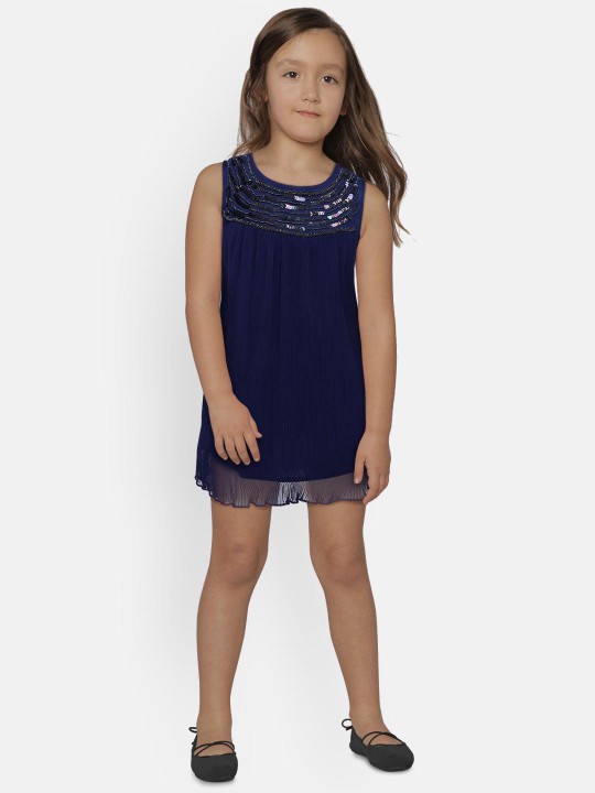 Girls Navy Blue Solid A-Line Dress 2-3Y