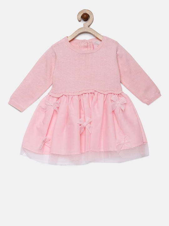 Girls Pink Self-Design Fit & Flare Dress 3-6M