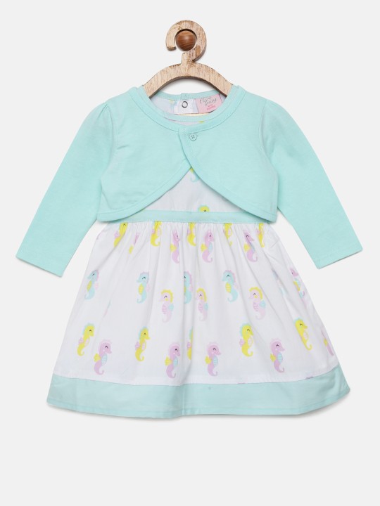 Girls White & Turquoise Blue Printed Fit and Flare Dress with Shrug 6-12M
