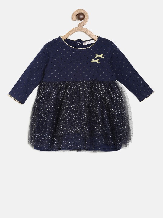 Girls Navy Blue Solid A-Line Dress 0-3M