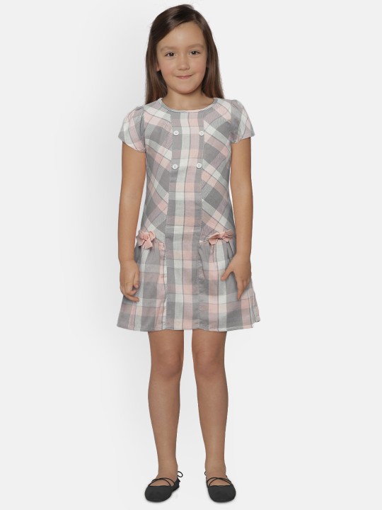 Girls Pink & Grey Checked Drop-Waist Dress 12-18M