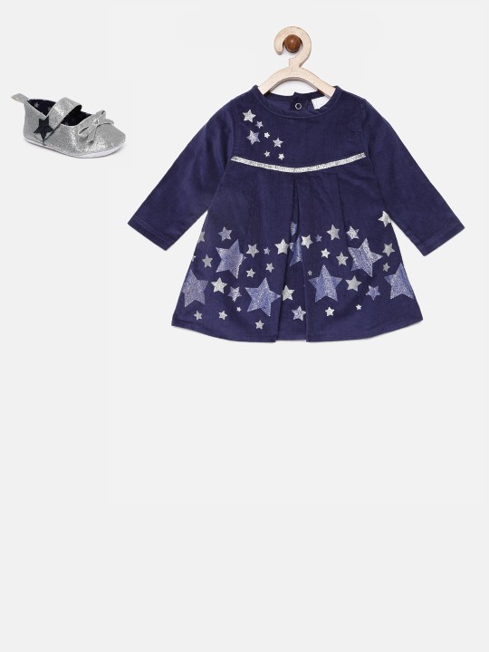 Girls Navy Blue Shimmer Detail A-Line Dress with Silver-Toned Flats 0-3M
