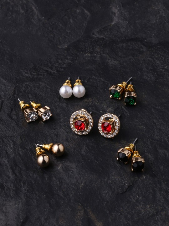 Set Of 6 Gold-Plated & Multicoloured Handcrafted Contemporary Studs