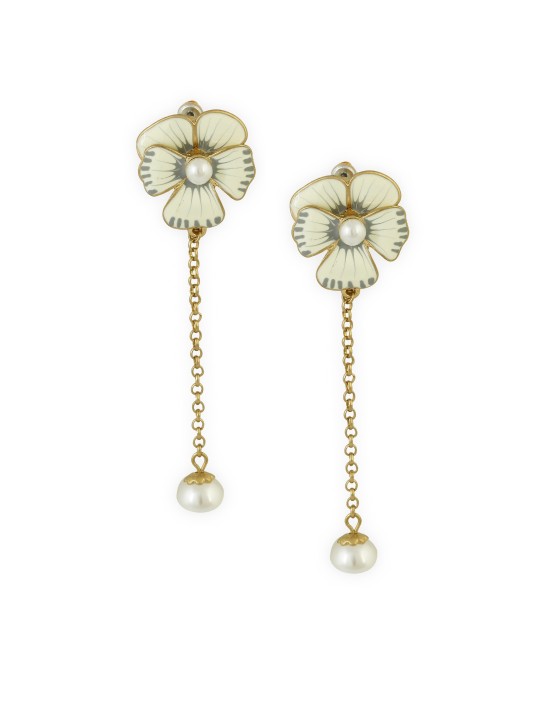 Off-White & Gold-Toned Floral Drop Earrings