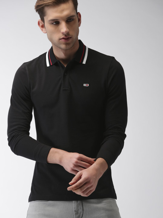 Men Black Solid Polo Collar T-shirt S