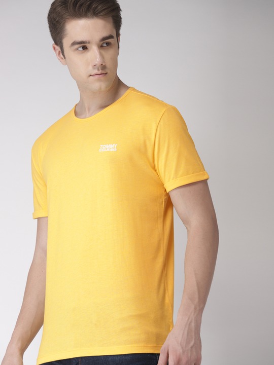 Men Yellow Solid Round Neck T-shirt
