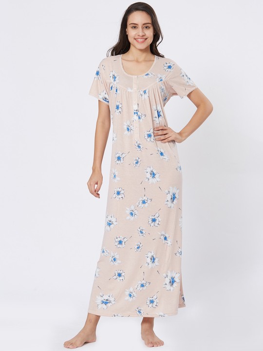 Peach Hosiery Half sleeves Printed Full Nighty For Women L