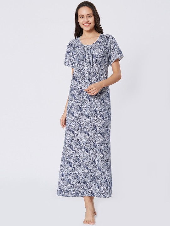 Women Blue & White Floral Printed Nightdress TNCH120DBL L