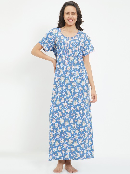 Women Blue & Pink Floral Printed Nightdress TNCH101BLU L