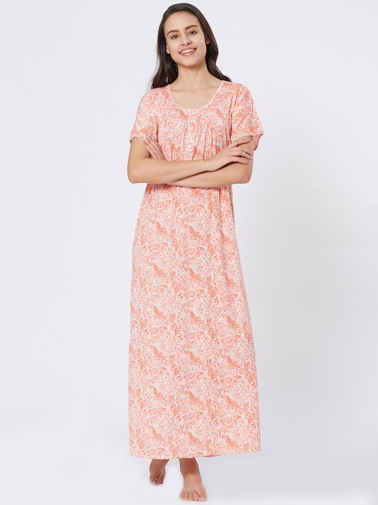 Peach Hosiery Half sleeves Printed Full Nighty For Women L