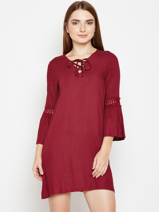 Women Maroon Solid A Line Dress L