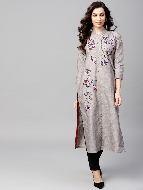 Women Grey Embroidered Straight Kurta M