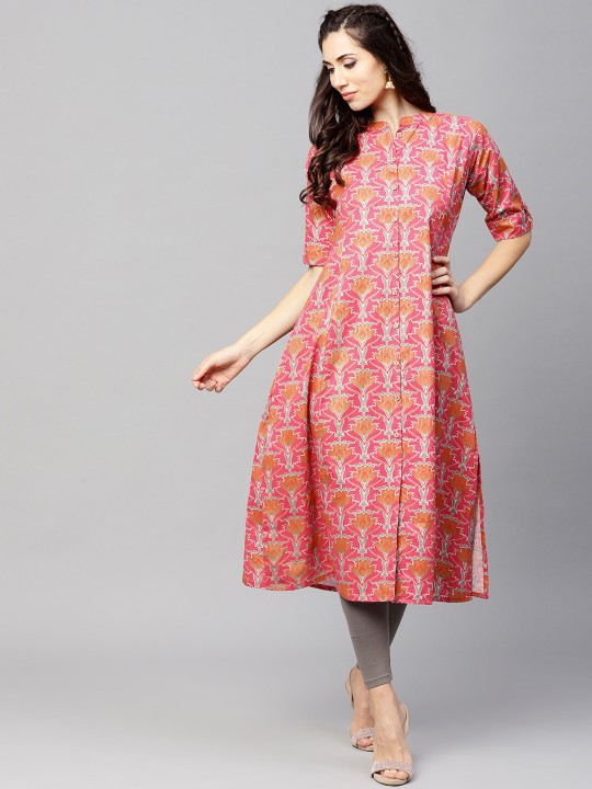 Women Pink & Orange Foil Print A-Line Kurta S