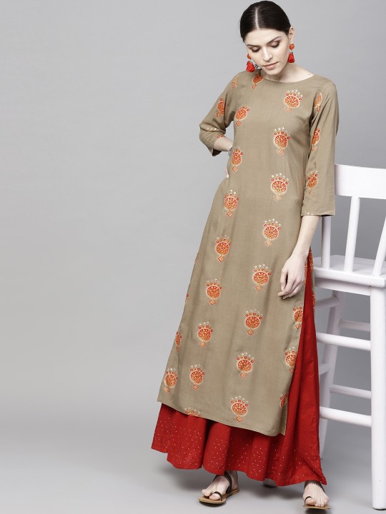 Women Taupe & Red Printed Straight Kurta S