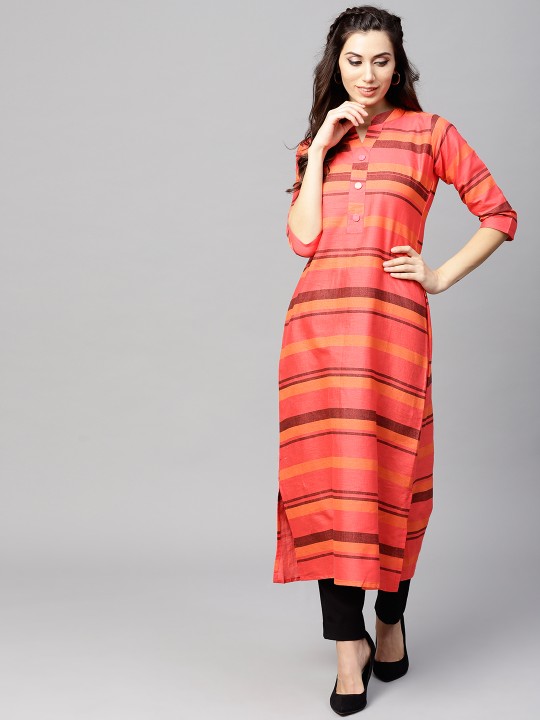 Women Pink & Orange Striped A-Line Kurta S