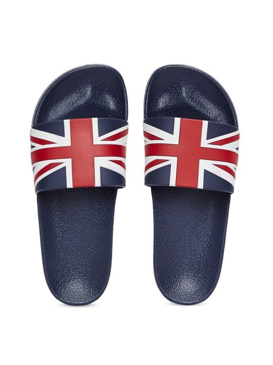 Men Navy Blue & Red Printed Sliders 6