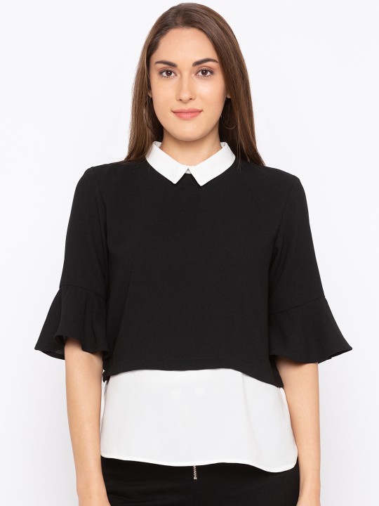 Women Black & White Colourblocked Shirt Style Top S
