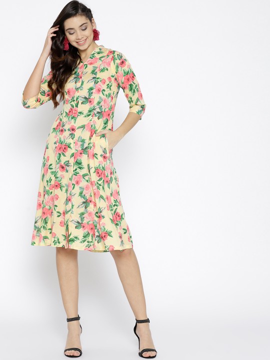 Women Yellow & Coral Pink Printed A-Line Dress S