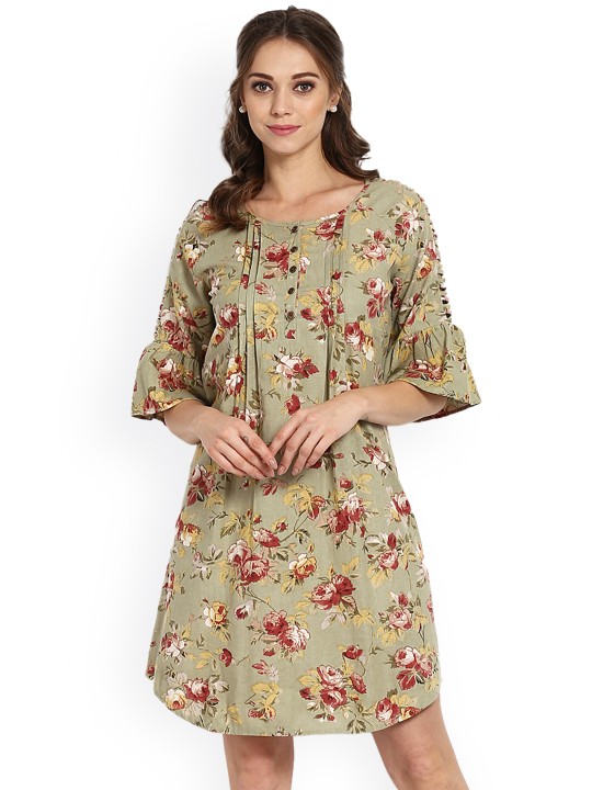 Women Olive Green Printed A-Line Dress S
