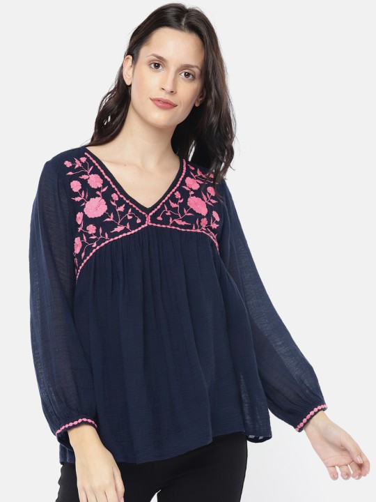 Women Navy Blue Solid Empire Top S