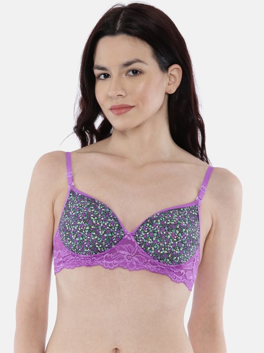 Purple and Black Printed Underwired Non Padded Everyday Bra 32B