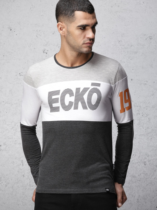 Men Charcoal Black & White Colourblocked Round Neck T-shirt XL