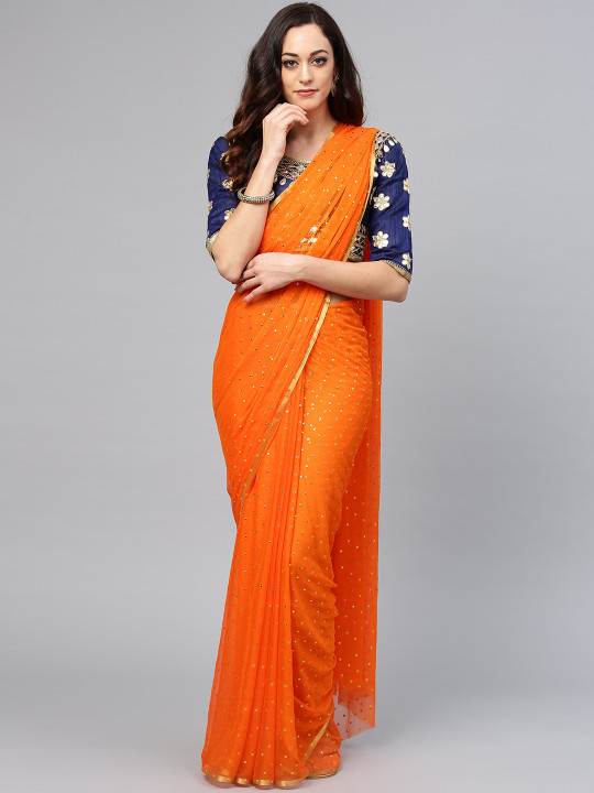 Saree mall Orange & Navy Blue Embellished Saree