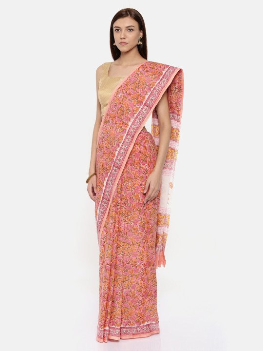 Peach-Coloured Printed Voile Saree
