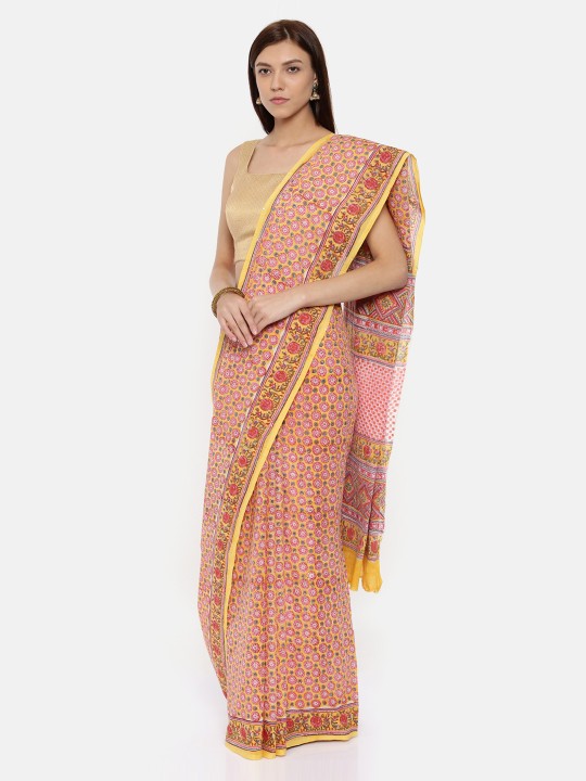 Peach-Coloured Printed Voile Saree