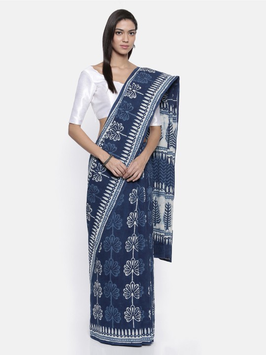 Navy Blue & White Voile Printed Saree