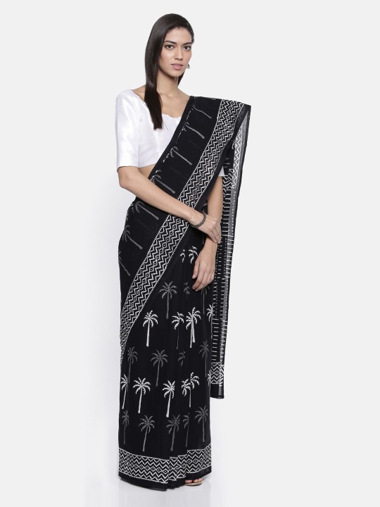 Black & White Voile Printed Saree