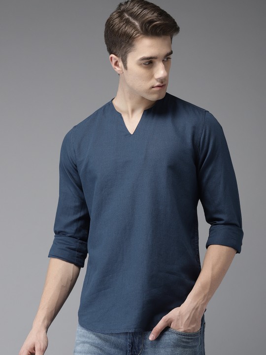 Men Navy Slim Fit Solid Straight Kurta S
