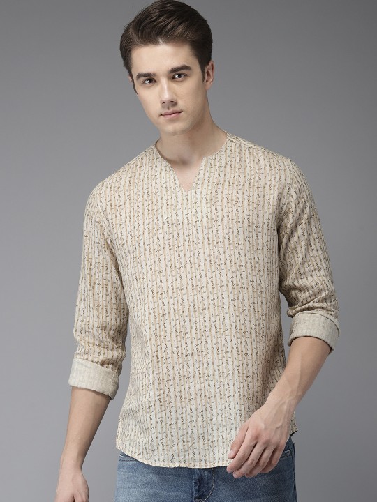 Men Khaki Slim Fit Printed Straight Kurta S