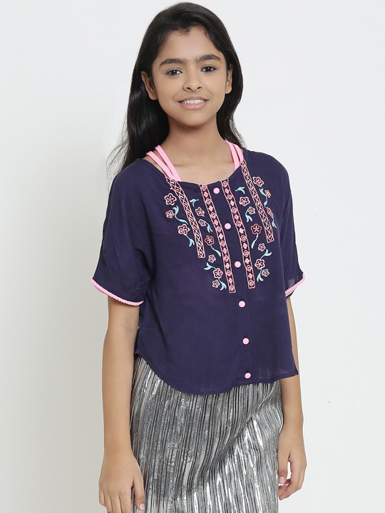 Girls Navy Blue Embroidered Crop Top 9-10Y