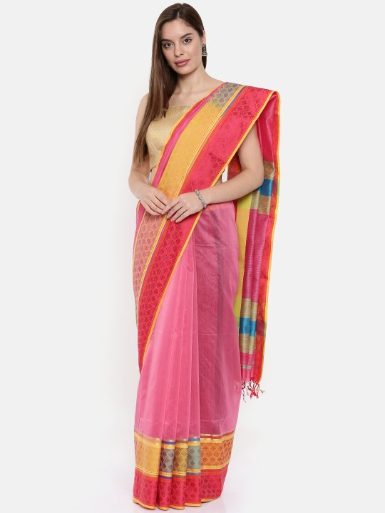 Pink Silk Cotton Woven Design Maheshwari Saree