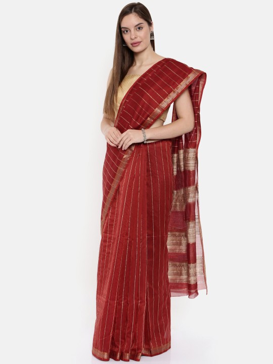Red Silk Cotton Striped Maheshwari Saree