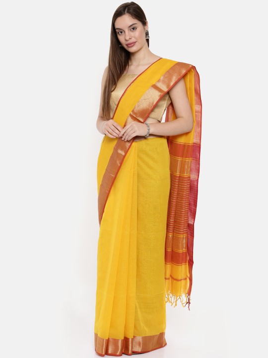 Yellow & Orange Silk Cotton Solid Maheshwari Saree