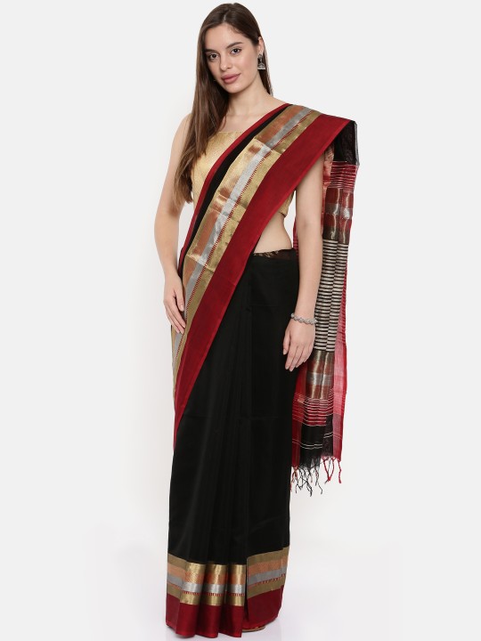 Black & Red Silk Cotton Solid Maheshwari Saree