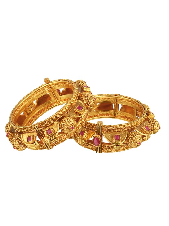 Set of 2 24k Gold Plated and Pink Stone-Studded Kada