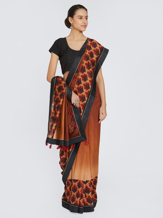 Brown Printed Poly Chiffon Saree