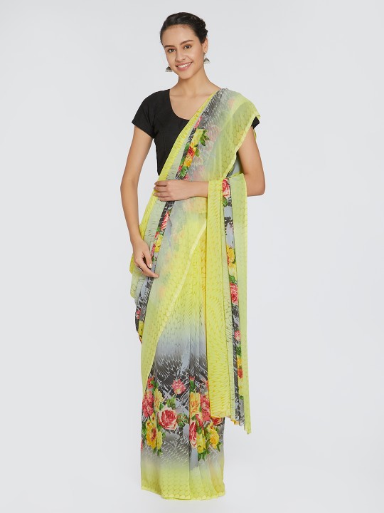 Yellow Printed Poly Georgette Saree