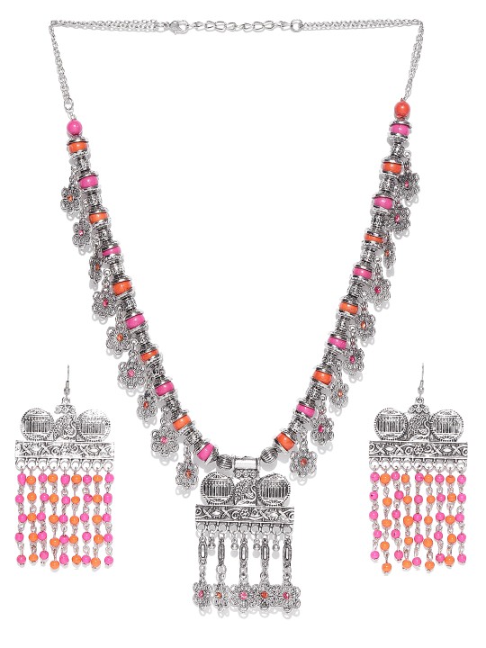 Oxidised Silver-Toned & Pink Beaded Tribal Jewellery Set