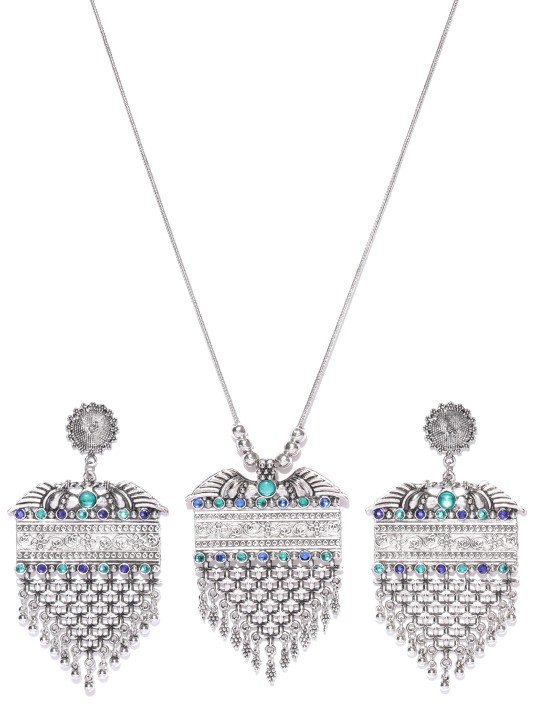 Oxidised Silver-Toned & Blue Handcrafted Textured Jewellery Set