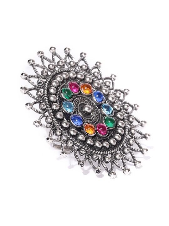 Oxidised Silver-Toned & Blue Stone-Studded Adjustable Oversized Ring
