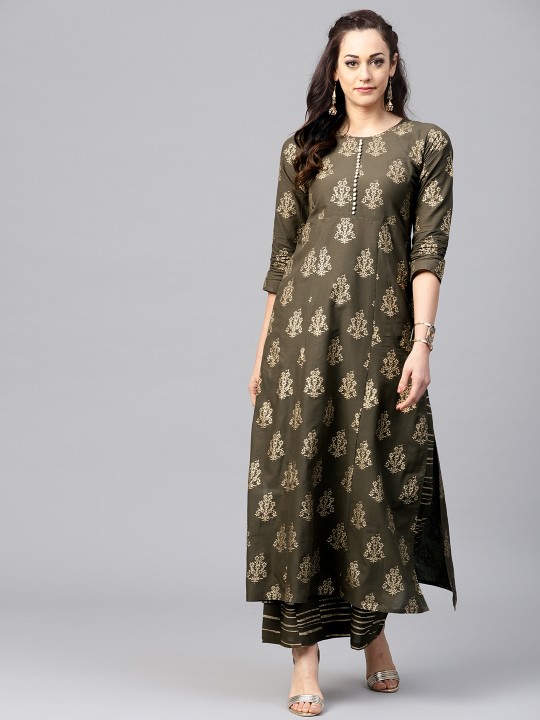 Women Grey & Golden Printed Kurta with Palazzos S