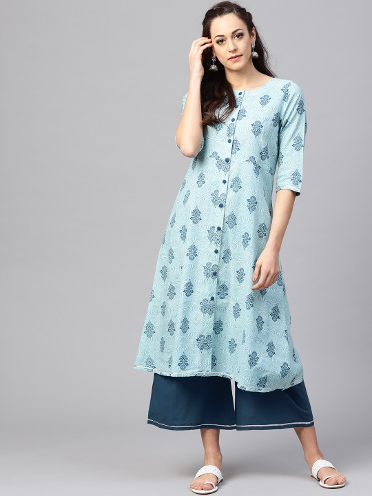 Women Blue Printed Kurta with Palazzos S