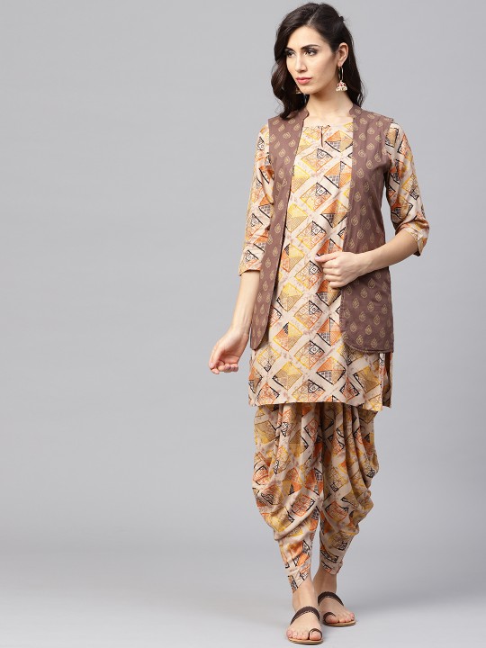 Women Beige & Taupe Printed Kurta with Dhoti Pants S