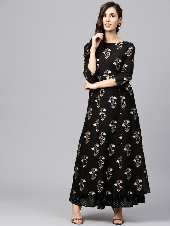 Women Black & Golden Printed Kurta with Skirt L